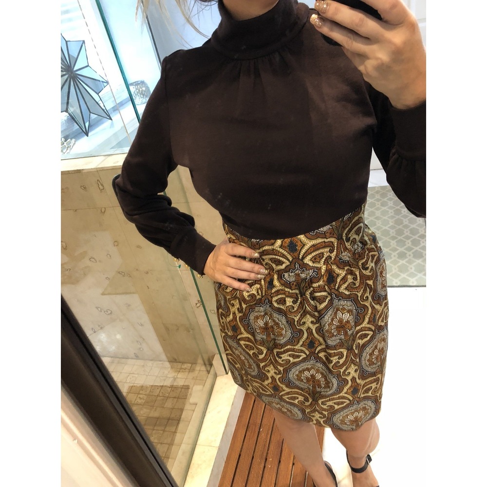 Milly New York Silk Paisley Wool Bow Tie Dress Brown Long Sleeve Size 8